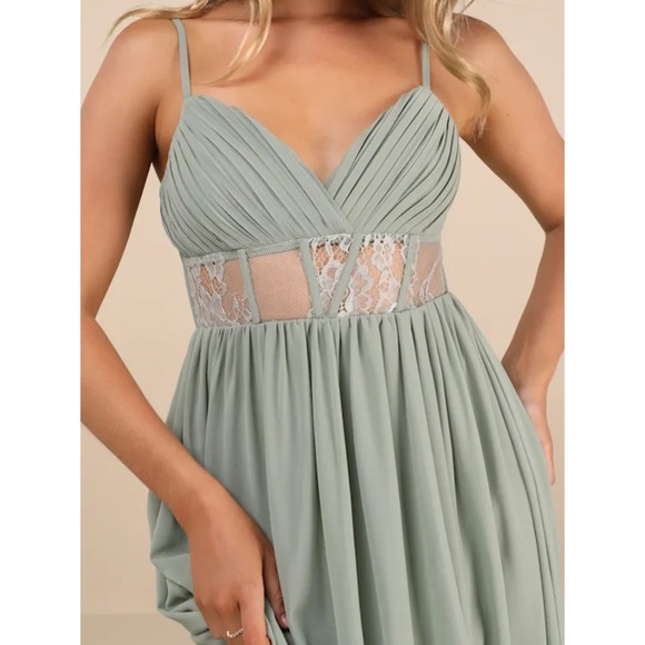 Lulus Kaylin Sage Green Pleated Lace/Empire Waist Maxi Dress Formal Evening Gown - Picture 4 of 12